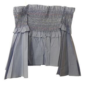 AQUA Pinstripe Off-Shoulder Top Pleated Smocked Women S Flare Sleeve Beachy Blue